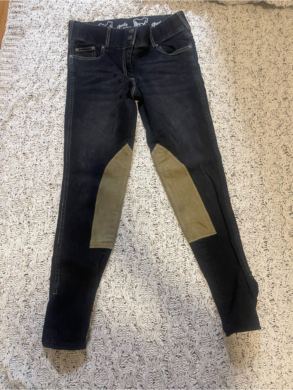 Women’s Black Skinny Riding Jeans with Olive Knee Panels